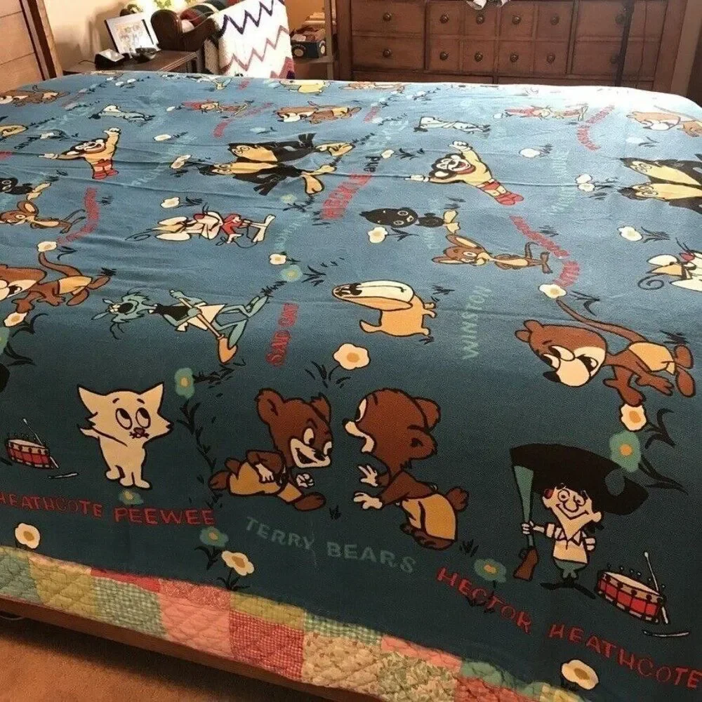 Terry Tunes Vintage Bedspread Mighty Mouse Heckle Jeckle Blue Queen